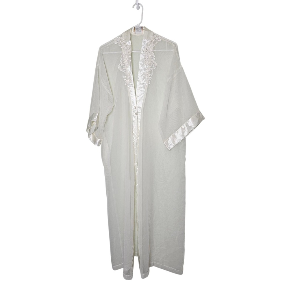 California Dynasty Duster Robe Lingerie Cover Up Sheer Floral Lace Pearl White L